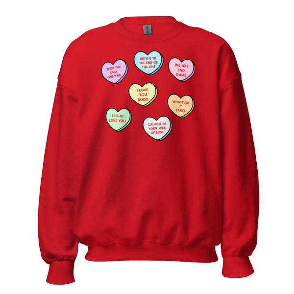 Unisex sweatshirt with superhero-inspired candy heart Valentine design