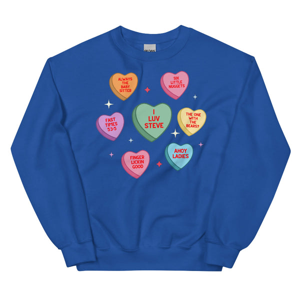 Unisex Valentine sweatshirt featuring Steve Harrington inspired candy hearts design with “I Luv Steve” text