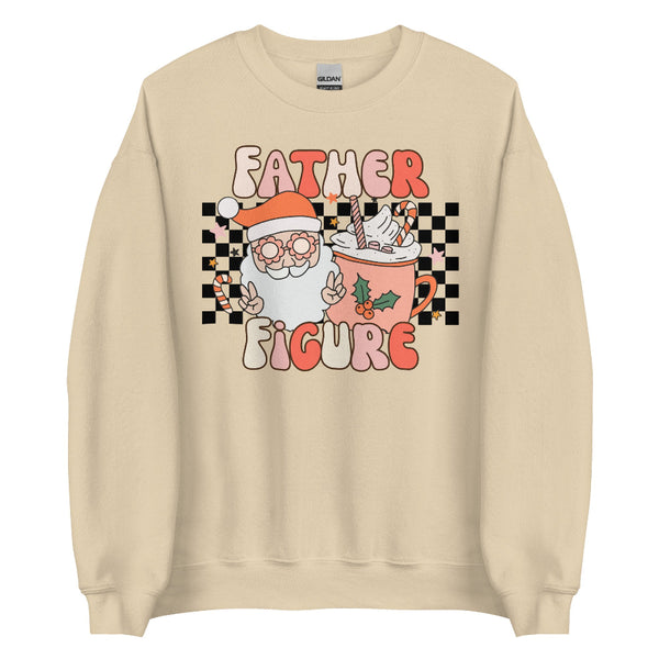 Unisex fleece sweatshirt with retro ‘Father Figure’ Christmas design showing Santa wearing flower glasses, peace signs, and a festive cocoa mug with candy canes. Holiday sweater aesthetic. Taylor Swift swiftie christmas outfit gift the life of a showgirl music lyrics