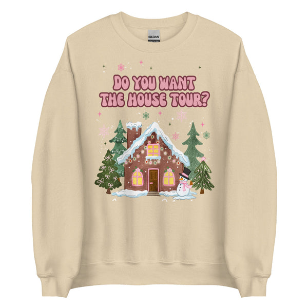 Unisex sweatshirt featuring pastel “Do You Want the House Tour?” text above a cute gingerbread house with snow, pine trees, and pink holiday accents. Sabrina Carpenter man's best friend short n sweet espresso girly gift outfit party