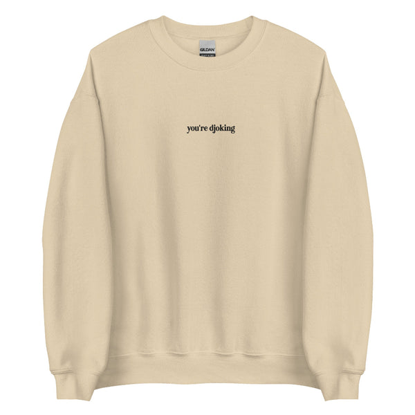 “You’re Djoking embroidered unisex sweatshirt inspired by Djo and Joe Keery, minimalist indie music fan apparel.”