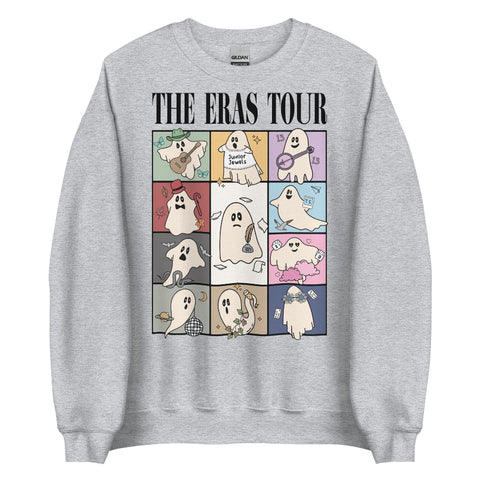 Beige graphic t-shirt with cartoon ghost illustrations dressed as different Taylor Swift eras, text ‘The Eras Tour’ across the top – cute Halloween Taylor Swift inspired concert shirt. sweatshirt sweater jumper pullover long sleeve outfit costume