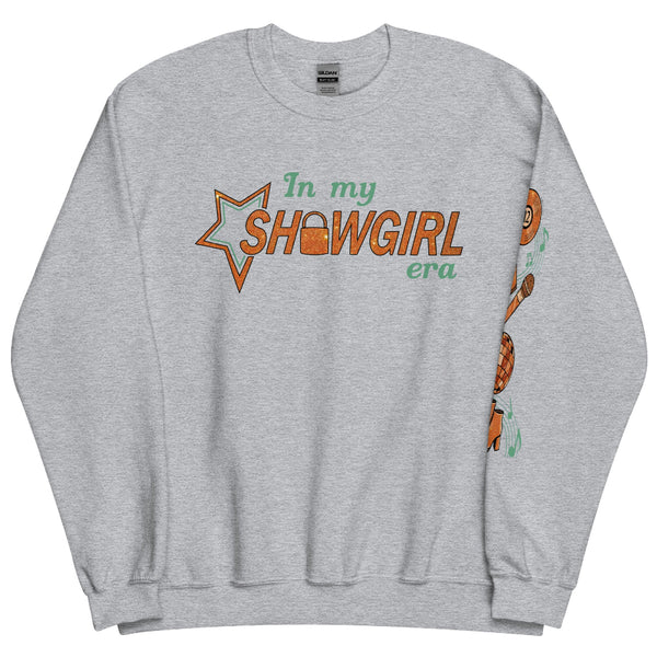 Music notes sleeve design on black unisex sweatshirt featuring record, lock, microphone, disco ball, and boots icons in copper tones. the life of a showgirl in my showgirl eras sweater left sleeve design print taylor swift swiftie vinyl TS12 microphone mirrorball boots outfit gift