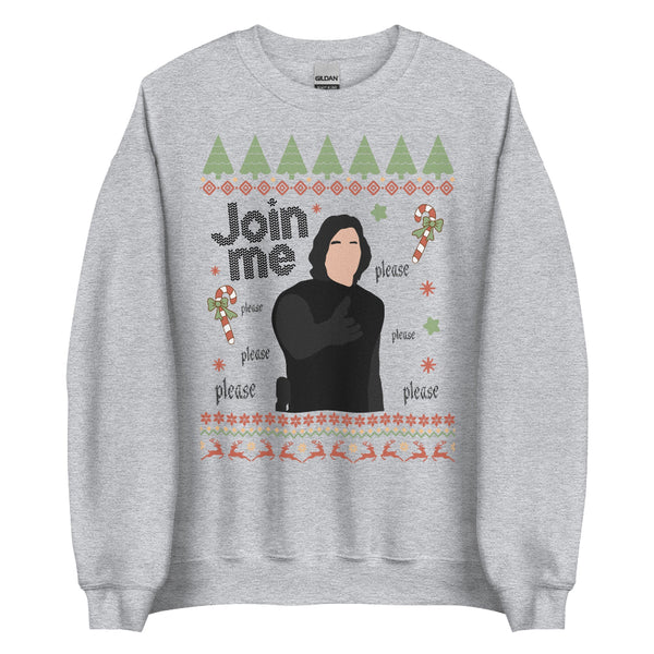 Dark green unisex sweatshirt featuring Kylo Ren from The Last Jedi with “Join Me please” repeated text, retro ugly sweater Christmas pattern with trees, candy canes, and stars. Star Wars Reylo holiday fandom design referencing Adam Driver, printed on cotton polyester blend crewneck in inclusive sizing Small–5XL. ben solo movie