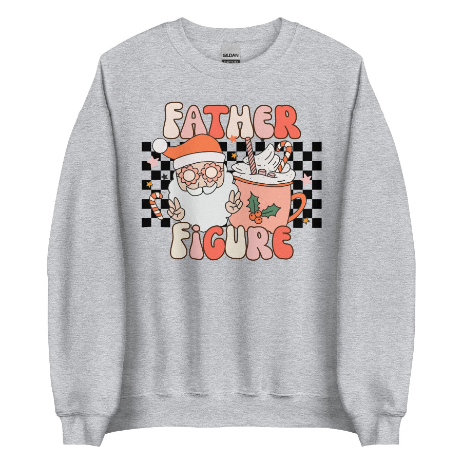 Unisex fleece sweatshirt with retro ‘Father Figure’ Christmas design showing Santa wearing flower glasses, peace signs, and a festive cocoa mug with candy canes. Holiday sweater aesthetic. Taylor Swift swiftie christmas outfit gift the life of a showgirl music lyrics