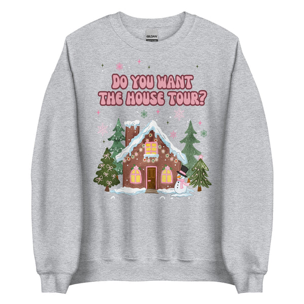 Unisex sweatshirt featuring pastel “Do You Want the House Tour?” text above a cute gingerbread house with snow, pine trees, and pink holiday accents. Sabrina Carpenter man's best friend short n sweet espresso girly gift outfit party