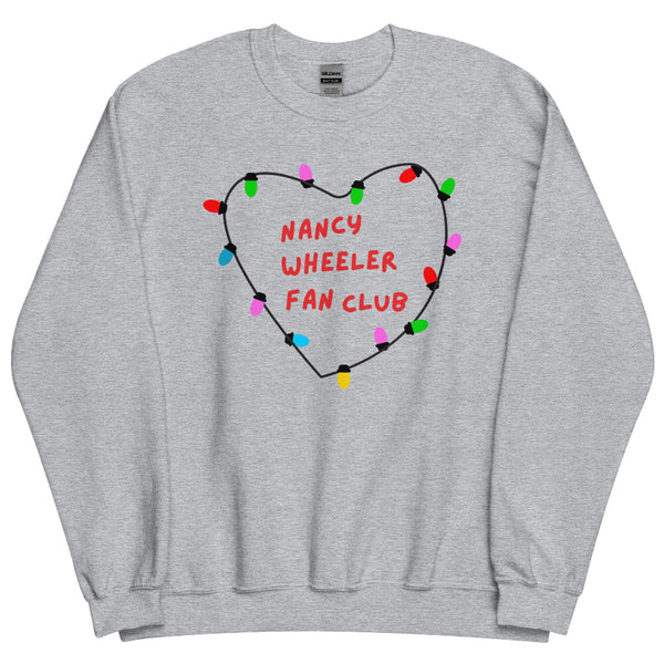 Unisex sweatshirt with Stranger Things inspired fan club design featuring customizable name inside heart of string lights.