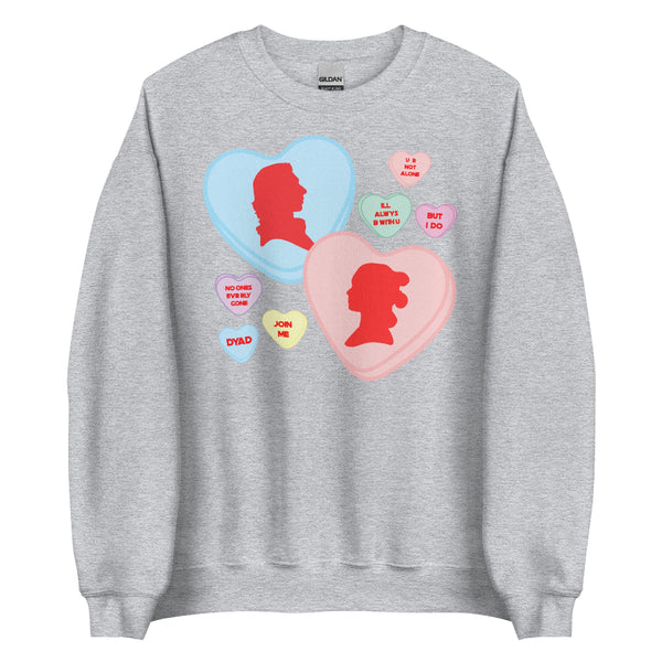 Reylo candy hearts Valentine sweatshirt with pastel heart phrases and romance fandom design