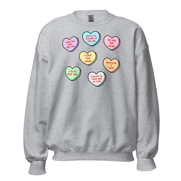 Unisex sweatshirt with superhero-inspired candy heart Valentine design