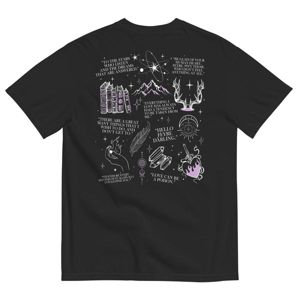 Rhysand High Lord Shirt on Black Comfort Colors with purple design. Front design says Rhysand High Lord of the Night Court. Back design has ACOTAR inspired references. Bat boys wings sword book reading faerie outfit top.