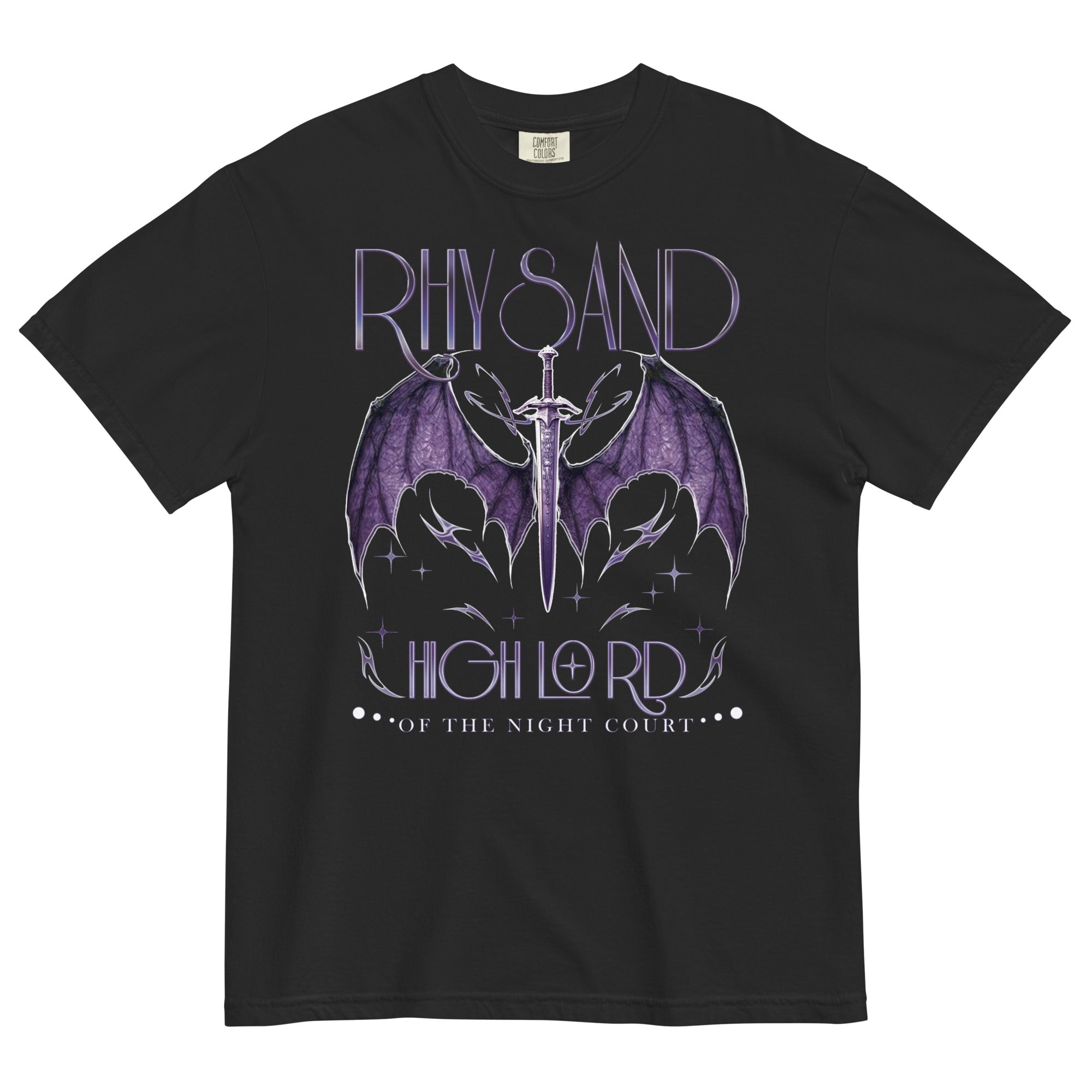 Rhysand High Lord Shirt on Black Comfort Colors with purple design. Front design says Rhysand High Lord of the Night Court. Back design has ACOTAR inspired references. Bat boys wings sword book reading faerie outfit top.