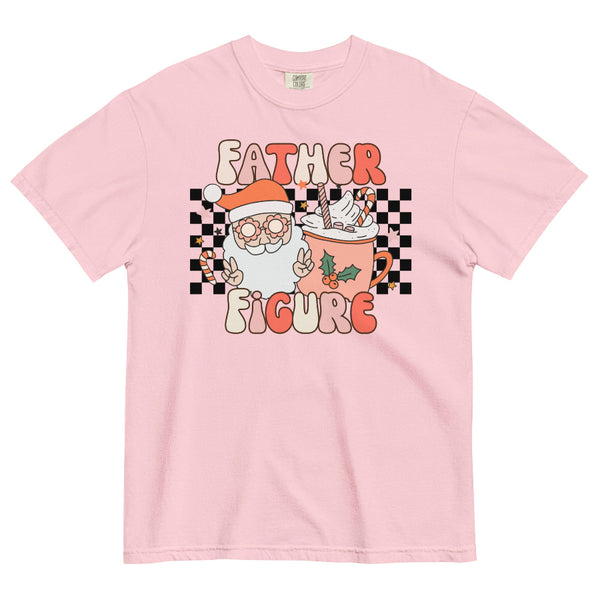Mint green Comfort Colors t-shirt with retro ‘Father Figure’ design featuring Santa making peace signs and a pastel cocoa mug with candy canes on a checkered background. Christmas graphic tee. taylor swift the life of a showgirl holiday outfit christmas gift