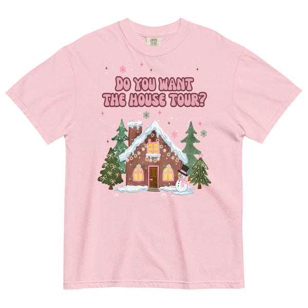 Comfort Colors T-shirt with pink “Do You Want the House Tour?” text above a cute illustrated gingerbread house, snow, pine trees, and pastel holiday details. Sabrina Carpenter christmas graphic tee short n sweet man's best friend music lyrics