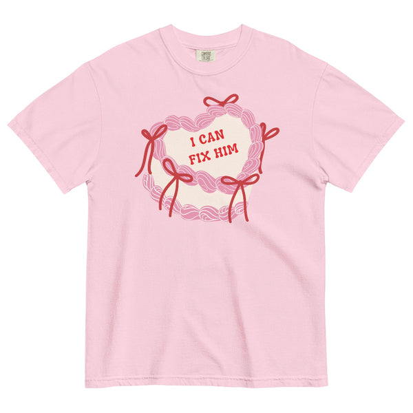 Pink coquette cake t-shirt with bows and “I can fix him” text, hot villain romantasy Valentine aesthetic