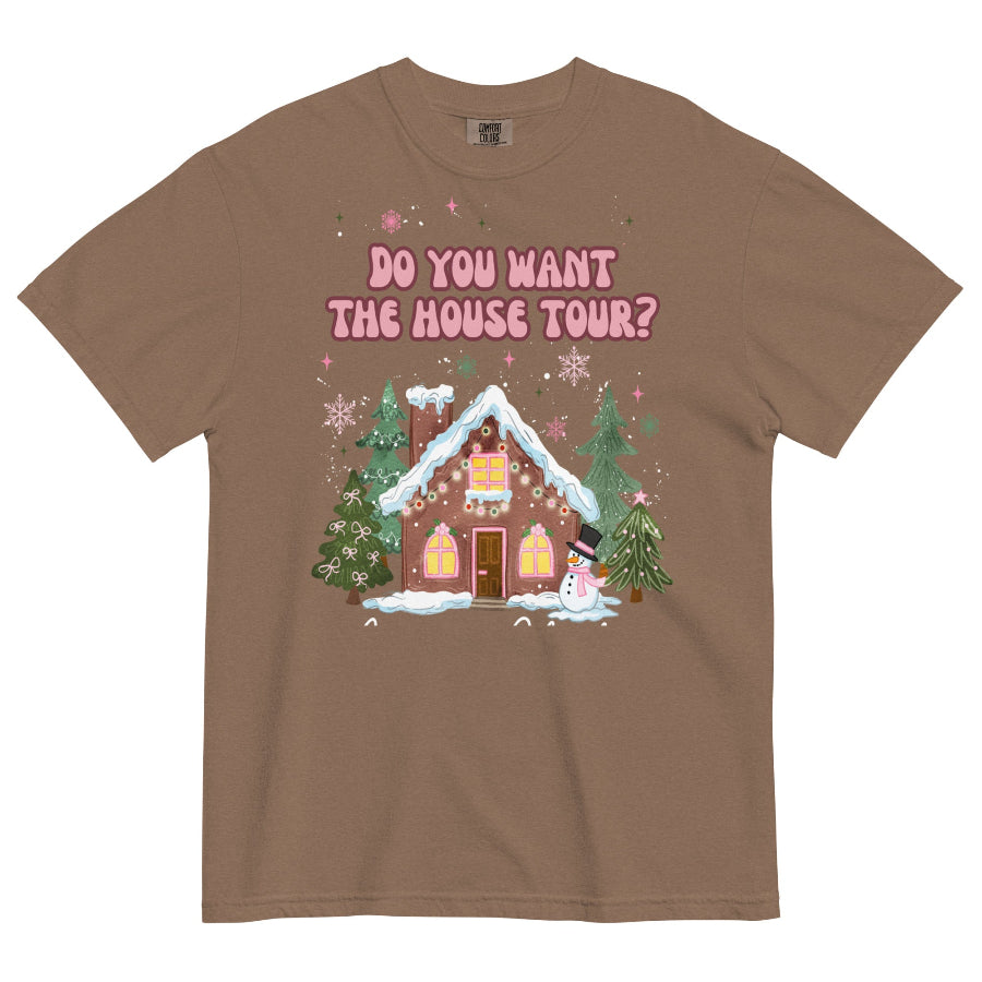 Comfort Colors brown espresso T-shirt with pink “Do You Want the House Tour?” text above a cute illustrated gingerbread house, snow, pine trees, and pastel holiday details. Sabrina Carpenter christmas graphic tee short n sweet man's best friend music lyrics