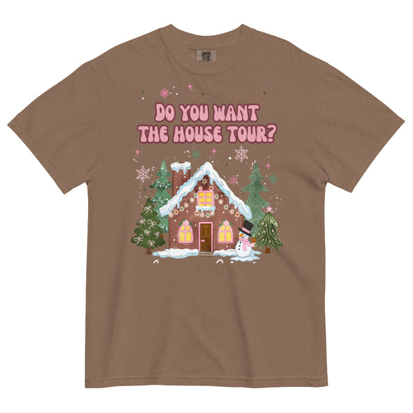 Comfort Colors brown espresso T-shirt with pink “Do You Want the House Tour?” text above a cute illustrated gingerbread house, snow, pine trees, and pastel holiday details. Sabrina Carpenter christmas graphic tee short n sweet man's best friend music lyrics