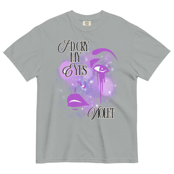 Lavender ‘I’d Cry My Eyes Violet’ Comfort Colors t-shirt with dripping violet eye graphic and purple sparkle accents, 100% ring spun cotton, vintage-inspired unisex fit. the life of a showgirl elizabeth taylor music lyrics taylor swift swiftie merch