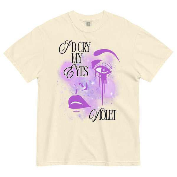 Lavender ‘I’d Cry My Eyes Violet’ Comfort Colors t-shirt with dripping violet eye graphic and purple sparkle accents, 100% ring spun cotton, vintage-inspired unisex fit. the life of a showgirl elizabeth taylor music lyrics taylor swift swiftie merch