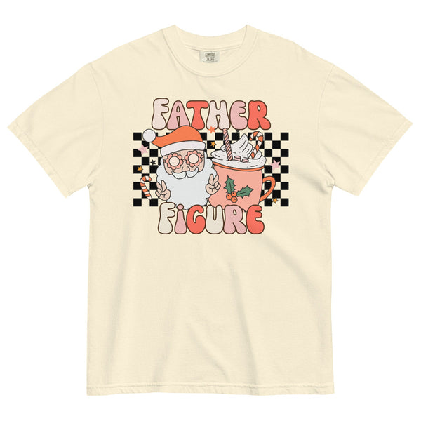 Mint green Comfort Colors t-shirt with retro ‘Father Figure’ design featuring Santa making peace signs and a pastel cocoa mug with candy canes on a checkered background. Christmas graphic tee. taylor swift the life of a showgirl holiday outfit christmas gift