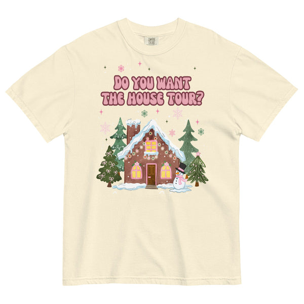 Comfort Colors light beige T-shirt with pink “Do You Want the House Tour?” text above a cute illustrated gingerbread house, snow, pine trees, and pastel holiday details. Sabrina Carpenter christmas graphic tee short n sweet man's best friend music lyrics