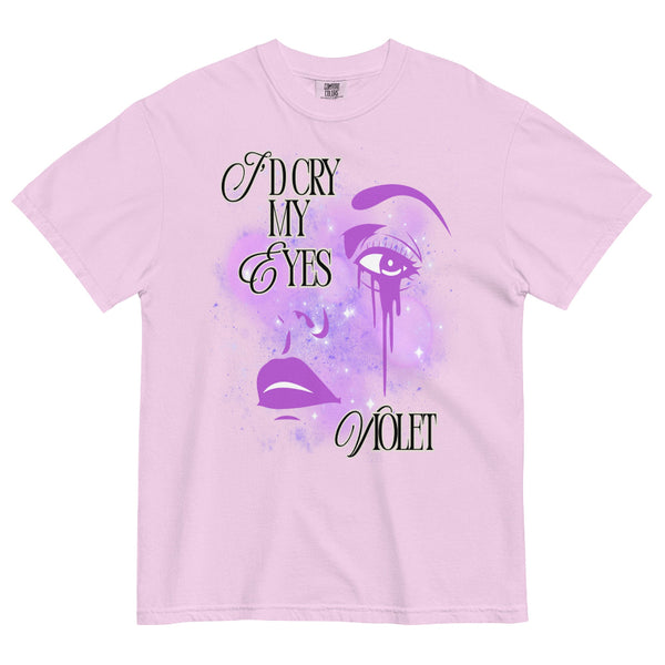 Lavender ‘I’d Cry My Eyes Violet’ Comfort Colors t-shirt with dripping violet eye graphic and purple sparkle accents, 100% ring spun cotton, vintage-inspired unisex fit. the life of a showgirl elizabeth taylor music lyrics taylor swift swiftie merch
