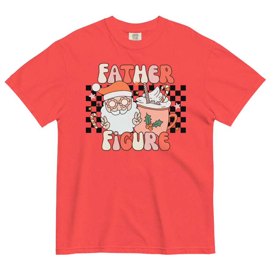 Mint green Comfort Colors t-shirt with retro ‘Father Figure’ design featuring Santa making peace signs and a pastel cocoa mug with candy canes on a checkered background. Christmas graphic tee. taylor swift the life of a showgirl holiday outfit christmas gift
