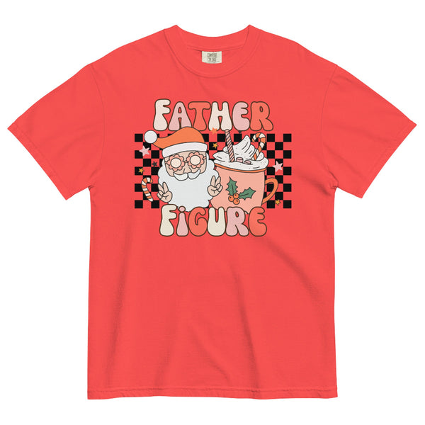 Mint green Comfort Colors t-shirt with retro ‘Father Figure’ design featuring Santa making peace signs and a pastel cocoa mug with candy canes on a checkered background. Christmas graphic tee. taylor swift the life of a showgirl holiday outfit christmas gift