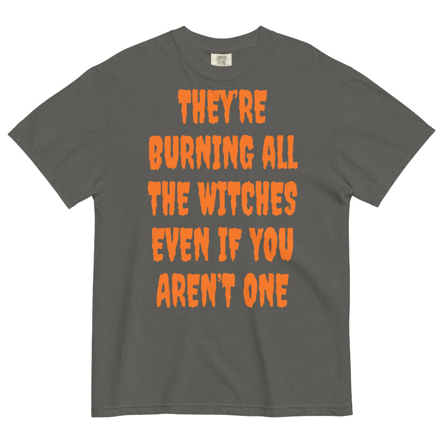 Bold orange ‘They Say I Did Something Bad’ Swiftie-inspired Comfort Colors t-shirt, 100% ring spun cotton, vintage-style unisex fit. taylor swift halloween reputation taylors version they're burning all the witches even if you aren't one graphic tee costume party