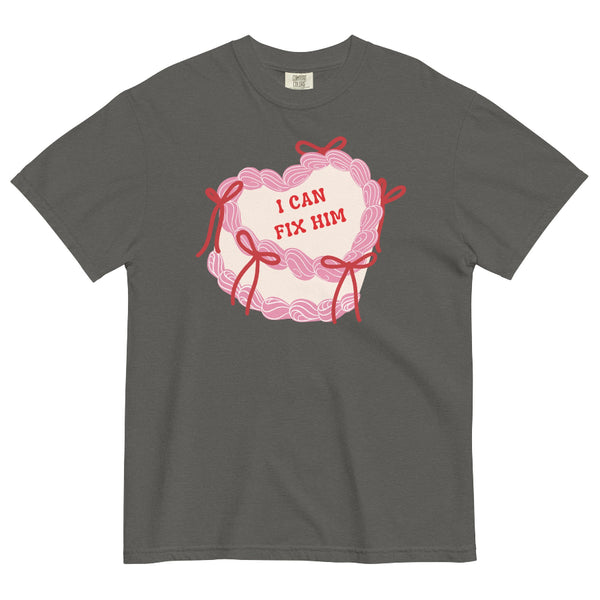 Pink coquette cake t-shirt with bows and “I can fix him” text, hot villain romantasy Valentine aesthetic