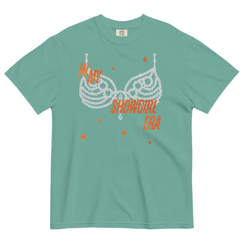 Seafoam Green ‘In My Showgirl Era’ Comfort Colors t-shirt with rhinestone bra graphic and orange star accents, 100% ring spun cotton, vintage-inspired unisex fit. taylor wift the life of a showgirl shirt women kids girls outfit costume listening party movie TS12 comfort colors