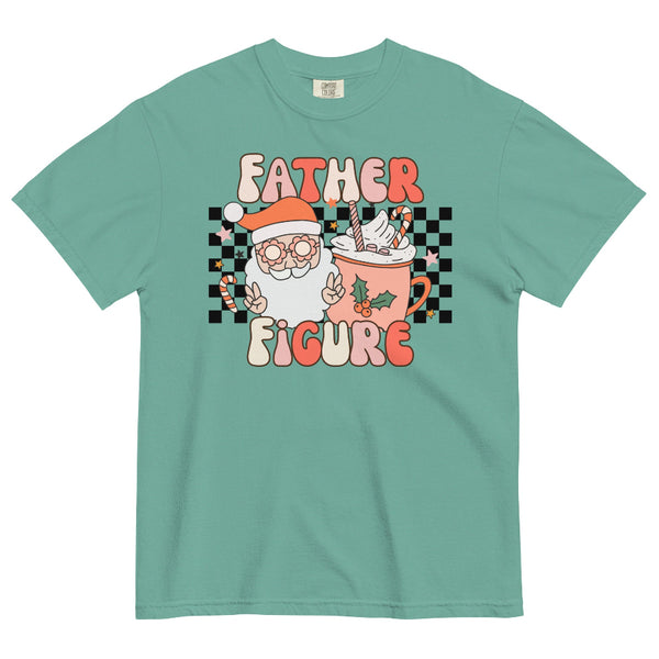 Mint green Comfort Colors t-shirt with retro ‘Father Figure’ design featuring Santa making peace signs and a pastel cocoa mug with candy canes on a checkered background. Christmas graphic tee. taylor swift the life of a showgirl holiday outfit christmas gift
