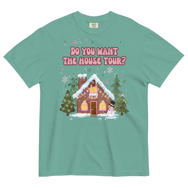 Comfort Colors green T-shirt with pink “Do You Want the House Tour?” text above a cute illustrated gingerbread house, snow, pine trees, and pastel holiday details. Sabrina Carpenter christmas graphic tee short n sweet man's best friend music lyrics