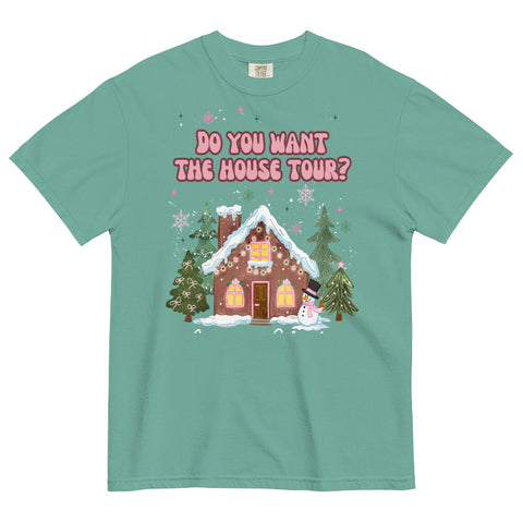 Comfort Colors green T-shirt with pink “Do You Want the House Tour?” text above a cute illustrated gingerbread house, snow, pine trees, and pastel holiday details. Sabrina Carpenter christmas graphic tee short n sweet man's best friend music lyrics