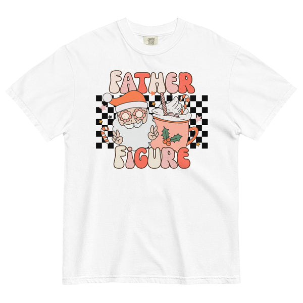 Mint green Comfort Colors t-shirt with retro ‘Father Figure’ design featuring Santa making peace signs and a pastel cocoa mug with candy canes on a checkered background. Christmas graphic tee. taylor swift the life of a showgirl holiday outfit christmas gift