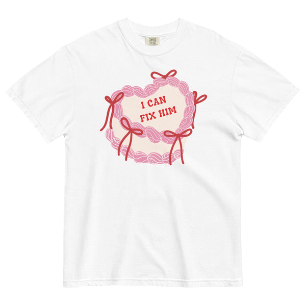 Pink coquette cake t-shirt with bows and “I can fix him” text, hot villain romantasy Valentine aesthetic