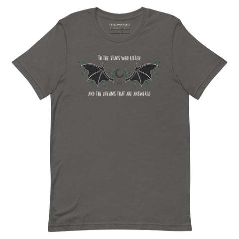 to the stars who listen and the dreams that are answered a court of mist and fury book quote sarah j maas acotar series rhysand feyre archeron night court high lord high lady bat boy t-shirt shirt graphic tee birthday party gift cosplay book club ideas