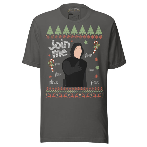 asphalt dark gray grey black unisex t-shirt featuring Kylo Ren “Join Me please” holiday ugly-sweater style design with candy canes, trees, stars, and repeated “please” text. Star Wars Reylo fandom merch referencing Adam Driver, printed on 100% combed ring-spun cotton tee, unisex sizing XS–4XL. save the hunt for ben solo