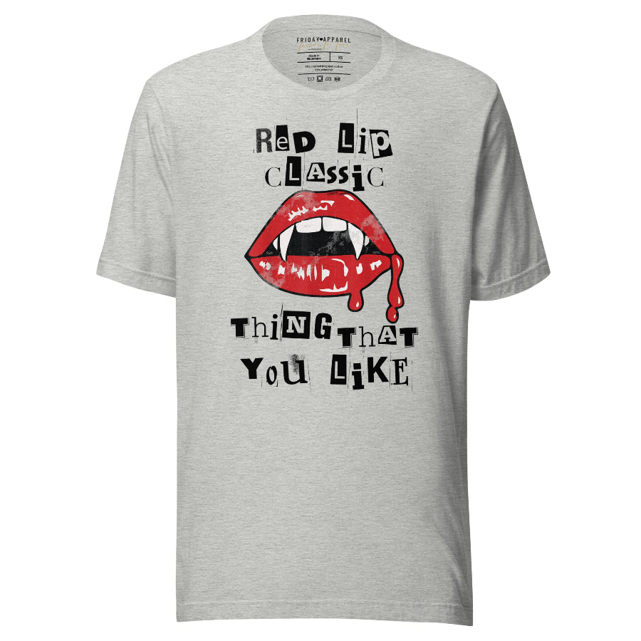White graphic t-shirt with red vampire lips dripping blood and bold text ‘Red Lip Classic Thing That You Like’ – Taylor Swift inspired Halloween vampire shirt. 1989 style costume travis engaged gray grey travis engaged