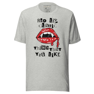 White graphic t-shirt with red vampire lips dripping blood and bold text ‘Red Lip Classic Thing That You Like’ – Taylor Swift inspired Halloween vampire shirt. 1989 style costume travis engaged gray grey travis engaged