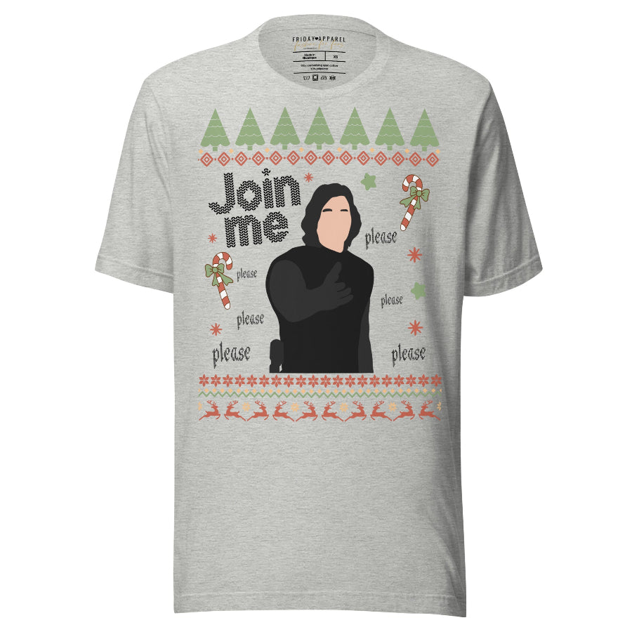 Sand beige unisex t-shirt featuring Kylo Ren “Join Me please” holiday ugly-sweater style design with candy canes, trees, stars, and repeated “please” text. Star Wars Reylo fandom merch referencing Adam Driver, printed on 100% combed ring-spun cotton tee, unisex sizing XS–4XL. save the hunt for ben solo
