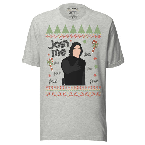 Sand beige unisex t-shirt featuring Kylo Ren “Join Me please” holiday ugly-sweater style design with candy canes, trees, stars, and repeated “please” text. Star Wars Reylo fandom merch referencing Adam Driver, printed on 100% combed ring-spun cotton tee, unisex sizing XS–4XL. save the hunt for ben solo