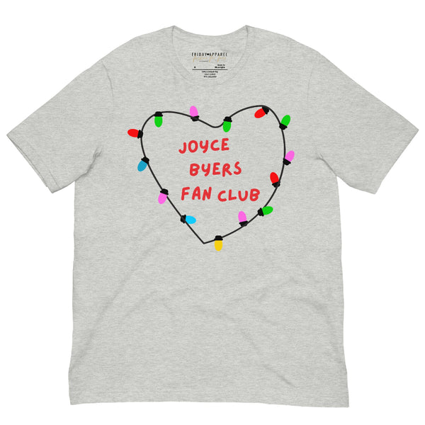 Unisex t-shirt with Stranger Things inspired fan club design featuring customizable name inside heart of string lights.