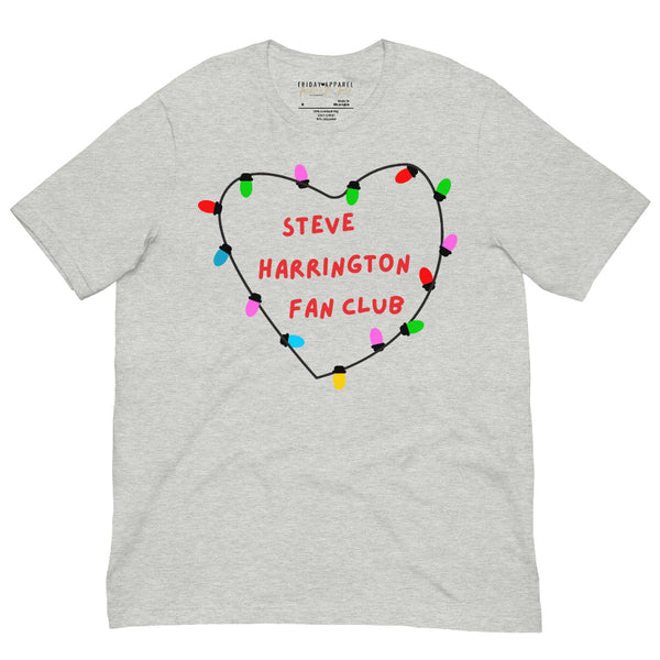 Unisex t-shirt with Stranger Things inspired fan club design featuring customizable name inside heart of string lights.