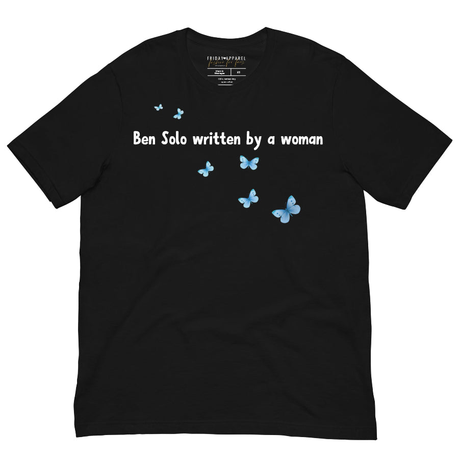 Ben Solo Written by a Woman’ unisex t-shirt with printed blue butterfly graphic, Star Wars and Reylo feminist inspired design referencing Adam Driver, Rey, Steven Soderbergh, Kathleen Kennedy, Save The Hunt for Ben Solo fans, 100% combed ring spun cotton, merch party and meet-up gift.