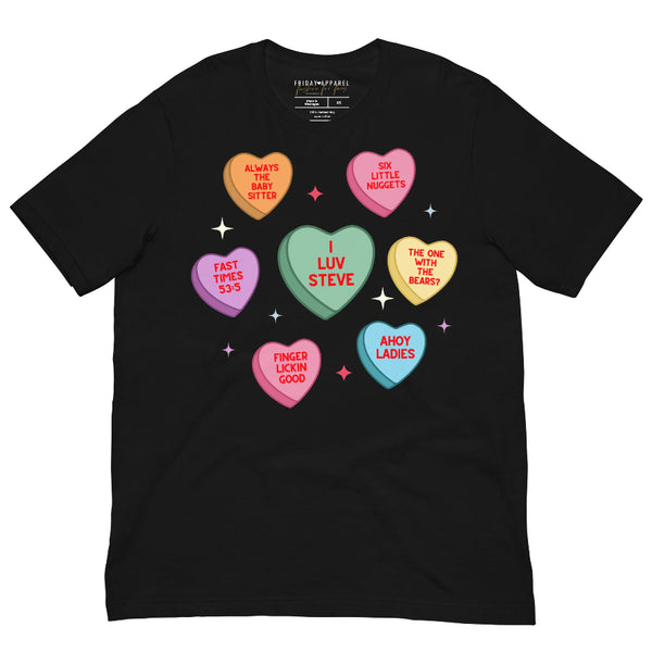 Unisex pink t-shirt with Steve Harrington inspired candy heart Valentine design featuring “I Luv Steve” and retro sayings
