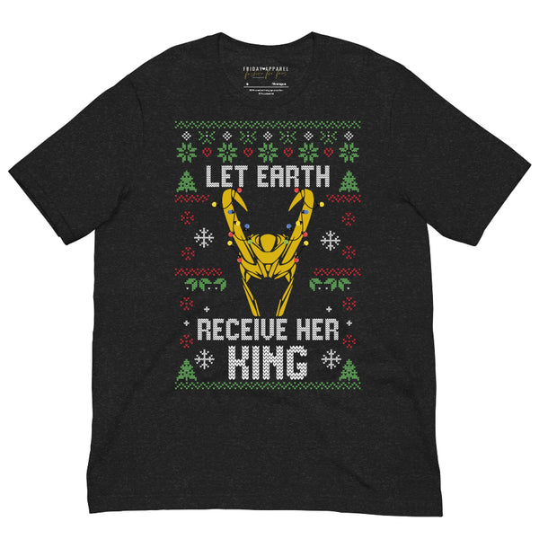 Green Loki Christmas t-shirt with gold Loki silhouette and retro ugly sweater pattern, “Let Earth Receive Her King” text, Marvel-inspired holiday fandom tee printed on 100% combed ring spun cotton, unisex fit, inclusive sizing. Avengers Campus Disneyland holiday outfit sweatshirt tom hiddleston