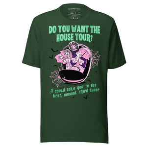 do you want the house tour i could take you to the first second third floor haunted mansion ride disneyland disneyworld graphic tee t-shirt sabrina carpenter house tour mans best friend costume halloween party shirt