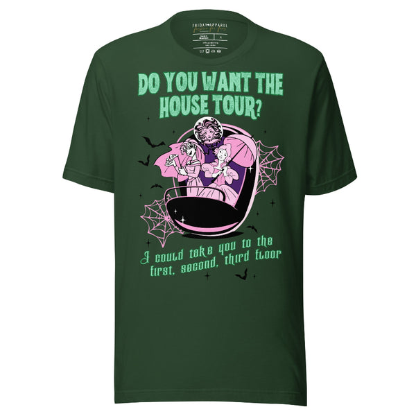 do you want the house tour i could take you to the first second third floor haunted mansion ride disneyland disneyworld graphic tee t-shirt sabrina carpenter house tour mans best friend costume halloween party shirt