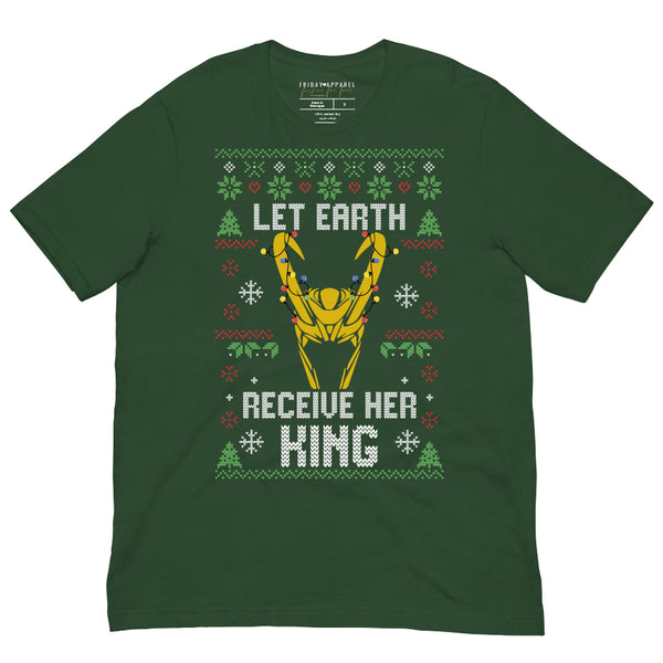 Black Loki Christmas t-shirt with gold Loki silhouette and retro ugly sweater pattern, “Let Earth Receive Her King” text, Marvel-inspired holiday fandom tee printed on 100% combed ring spun cotton, unisex fit, inclusive sizing. Avengers Campus Disneyland holiday outfit sweatshirt tom hiddleston