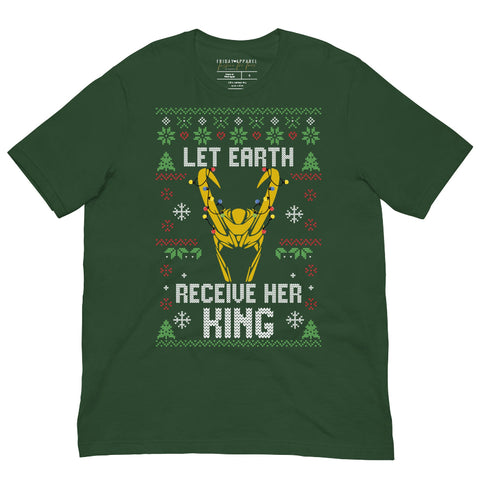 Black Loki Christmas t-shirt with gold Loki silhouette and retro ugly sweater pattern, “Let Earth Receive Her King” text, Marvel-inspired holiday fandom tee printed on 100% combed ring spun cotton, unisex fit, inclusive sizing. Avengers Campus Disneyland holiday outfit sweatshirt tom hiddleston